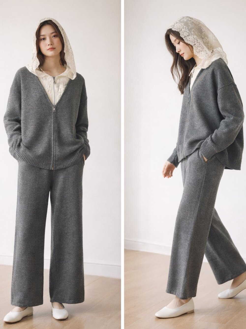 Gray Knit Two-Piece Set w/ Lace Hood – Cozy Chic Lounge Outfit M–L